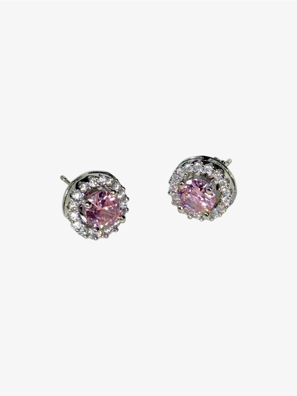 Sterling Silver Pink CZ Halo Stud Earrings with AAA clear CZ Pave - Picture 2 of 7